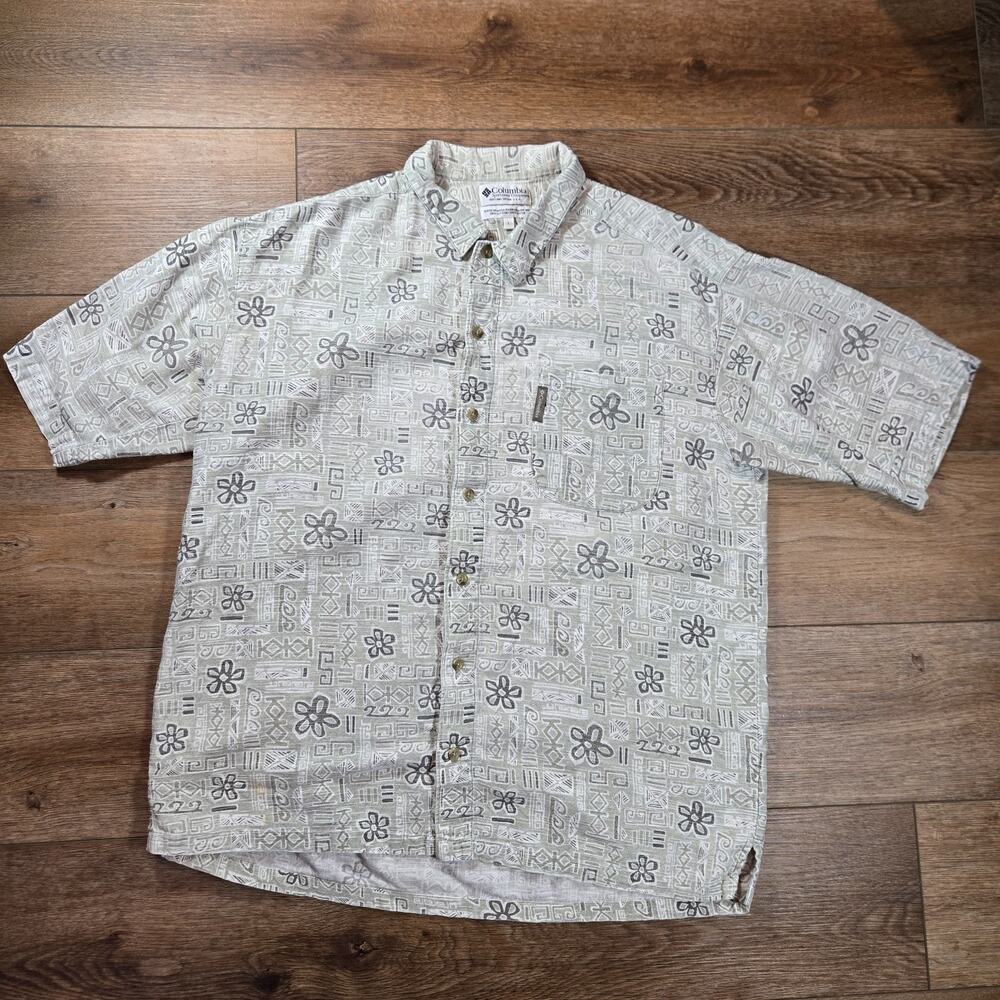 Vintage Columbia Shirt Mens L Gray Tribal Geometric Tiki Textured Button Upd